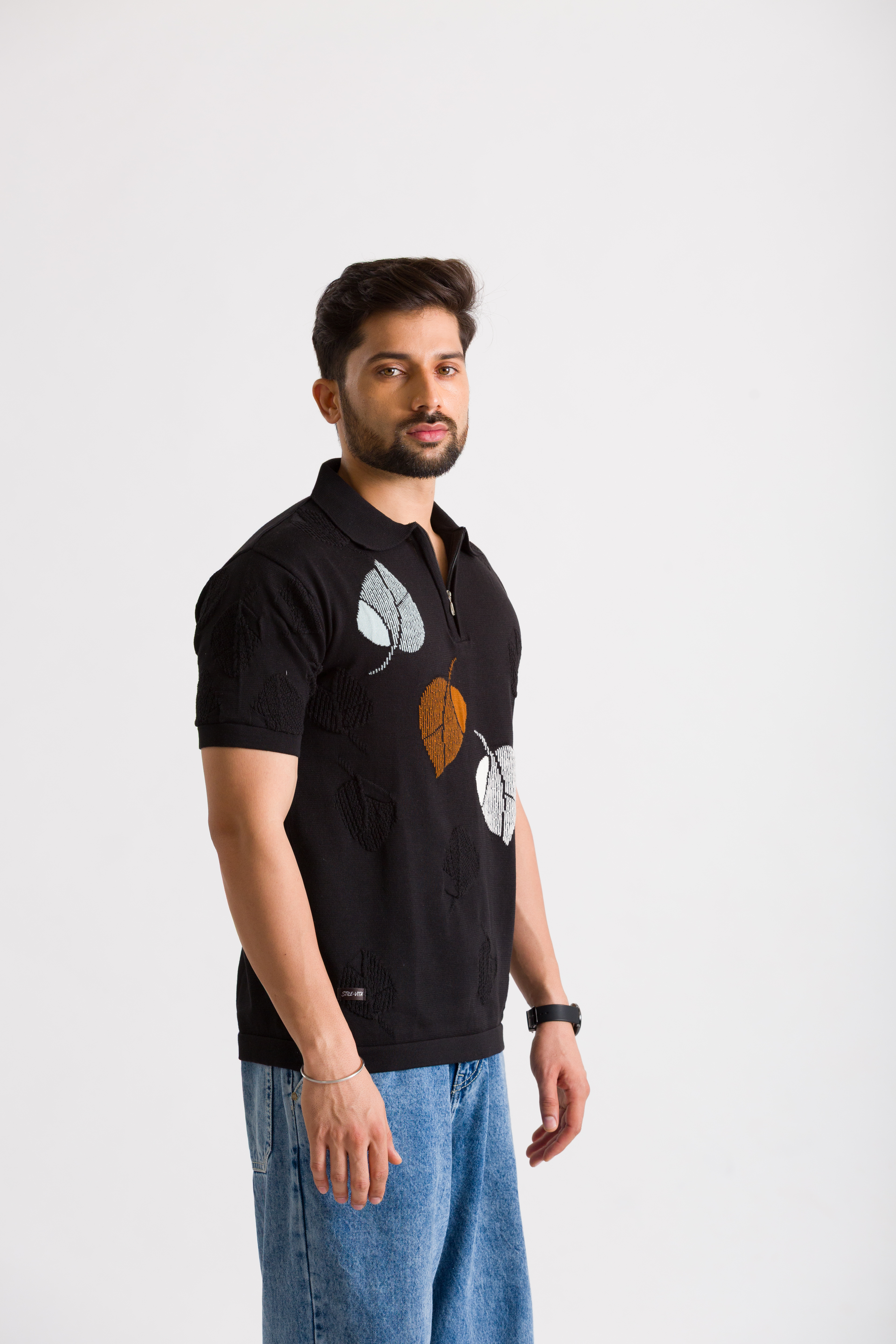 Knitted Black Leaf Design Polo T-Shirt